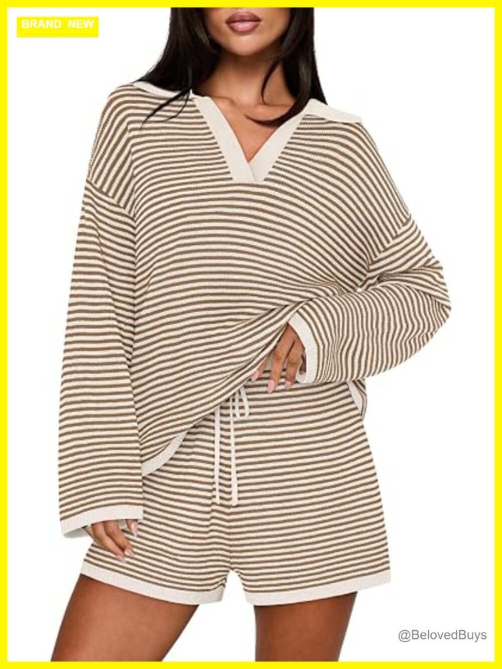 Women's Lounge 2 Piece Shorts Set Long Sleeve V Neck Stripe Knit